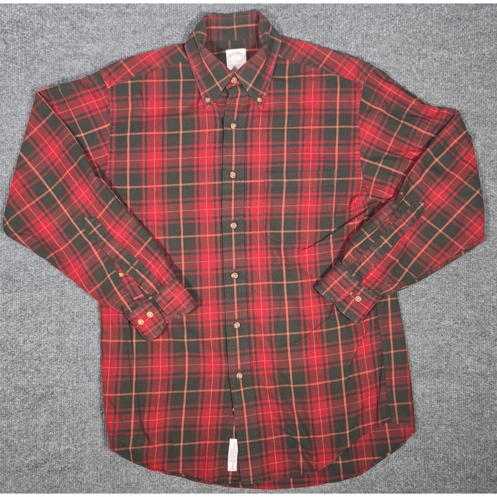 Brooks Brothers 346 Mens SM Red Green Plaid Cotton Wool Flannel Shirt 20% Wool